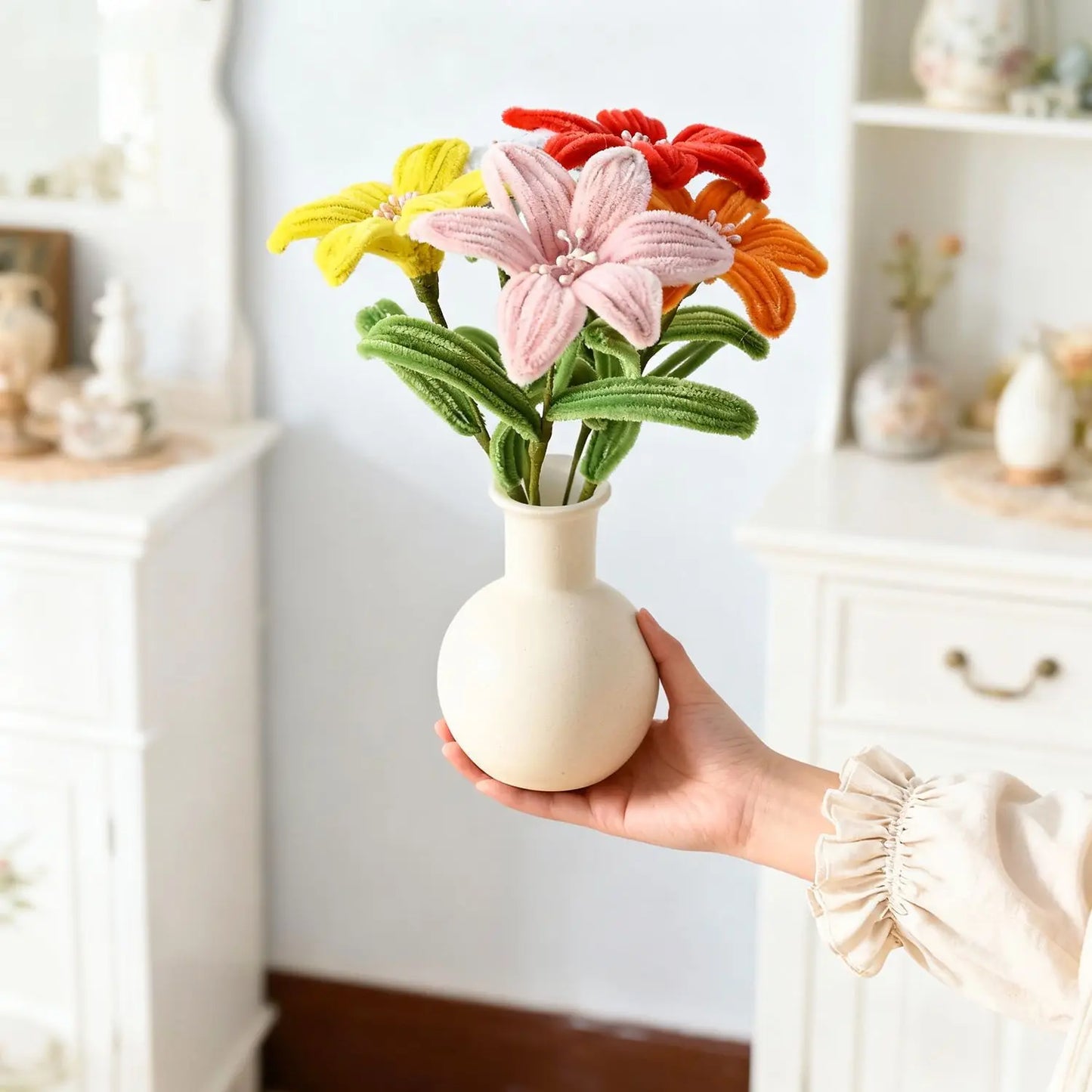5Pcs Lily DIY Flower Calla Chenille Stems Fluffy Wire Pipe Cleaners Twist Stick Children Educational Toys Creative Handcraft