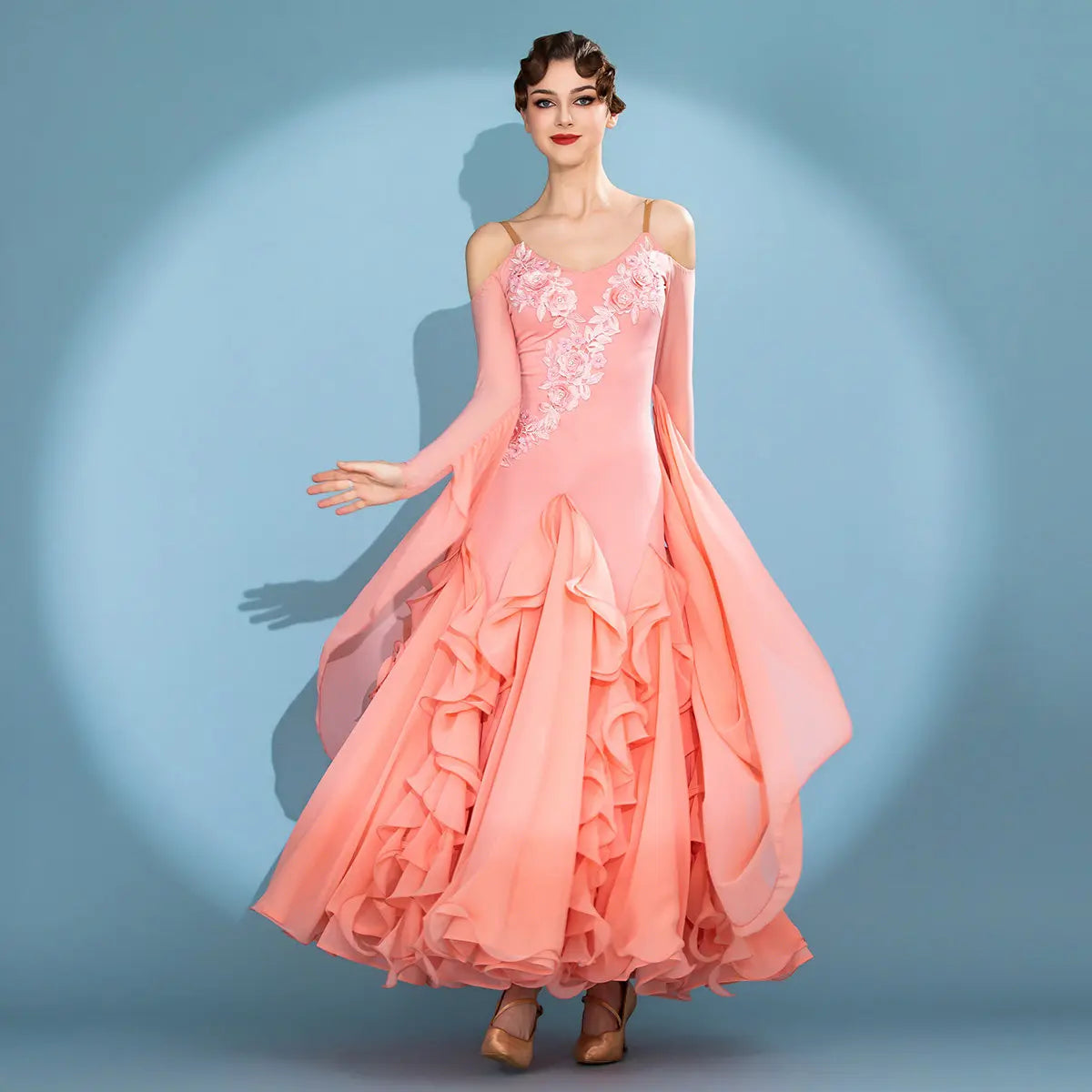Women's off-shoulder long-sleeve ballroom performance dress