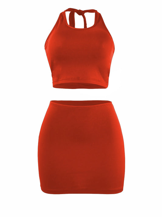 Women's Halter Neck Backless Vest and Short Skirt Two-Piece Set - Slim Fit Solid Color - photo 4