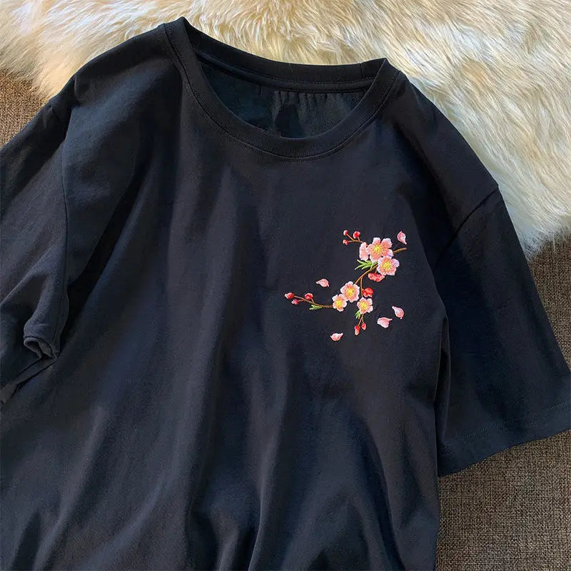 Aesthetic Japan Style Cherry Blossoms Embroidery T Shirts Sexy Women Girls Cotton Summer Tee Tops O-neck Loose Casual Harajuku