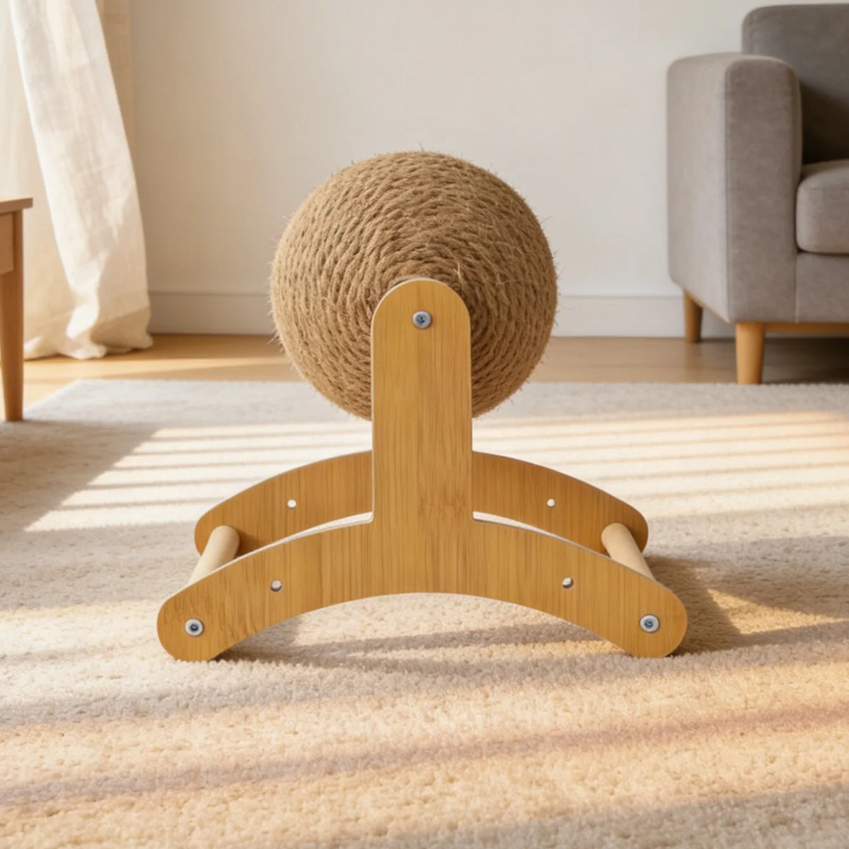 Cat Scratcher with Rolling Sisal Ball, Wooden Frame Sisal Cat Scratch Pad Kitten Grinding Claw Toy Indoor Cat Furniture for Sofa