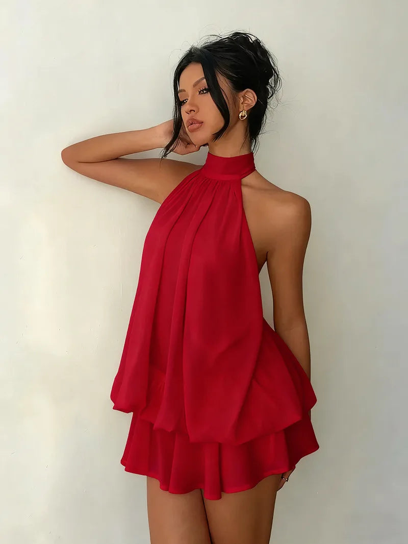 Women's Halter Backless Chiffon Mini Dress — Tie-Front Party Dress
