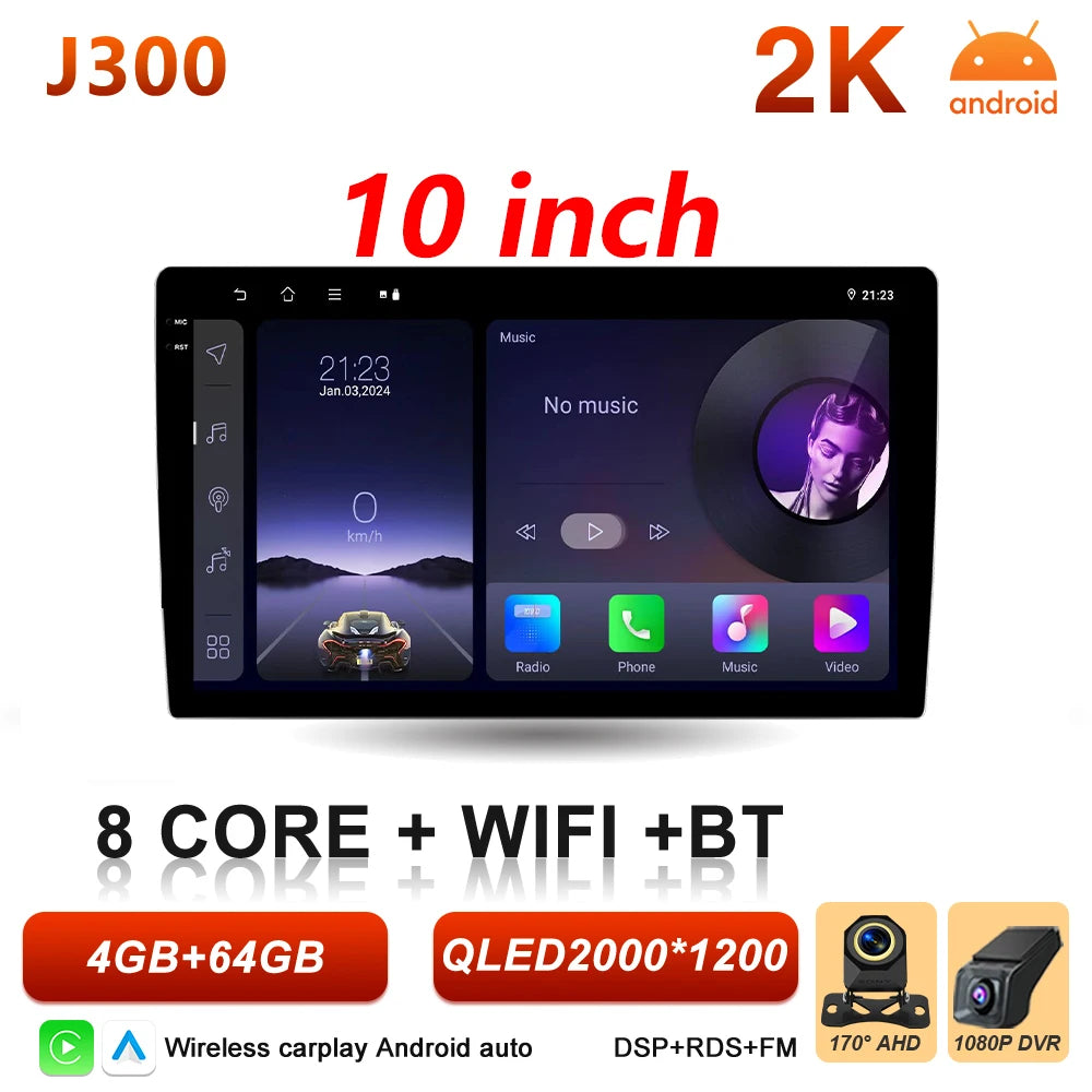 Universal 2-DIN Android Car Stereo (9"/10") — CarPlay, Android Auto, GPS, QLED Screen, WiFi, Bluetooth