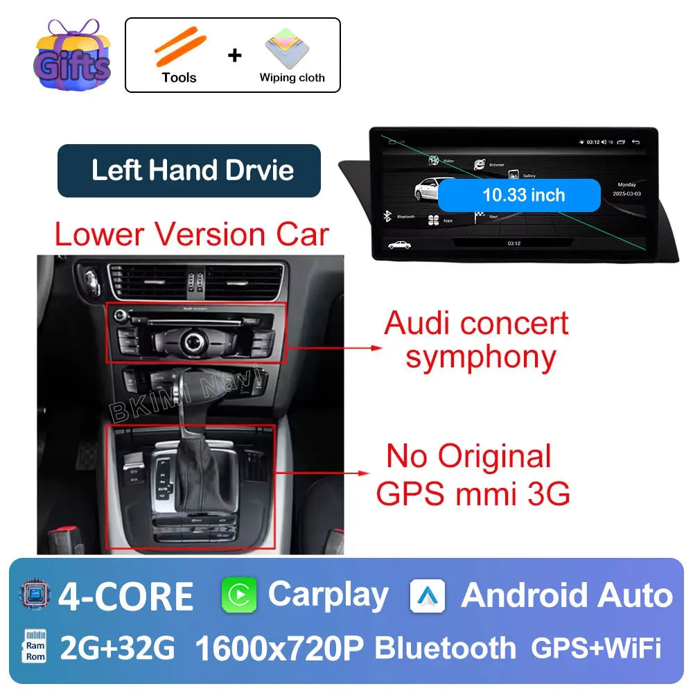 Android Car Screen for Audi A4 B8 & A5 (2009–2016) — Wireless CarPlay, GPS, 4G, DSP, Ultra-Thin Display