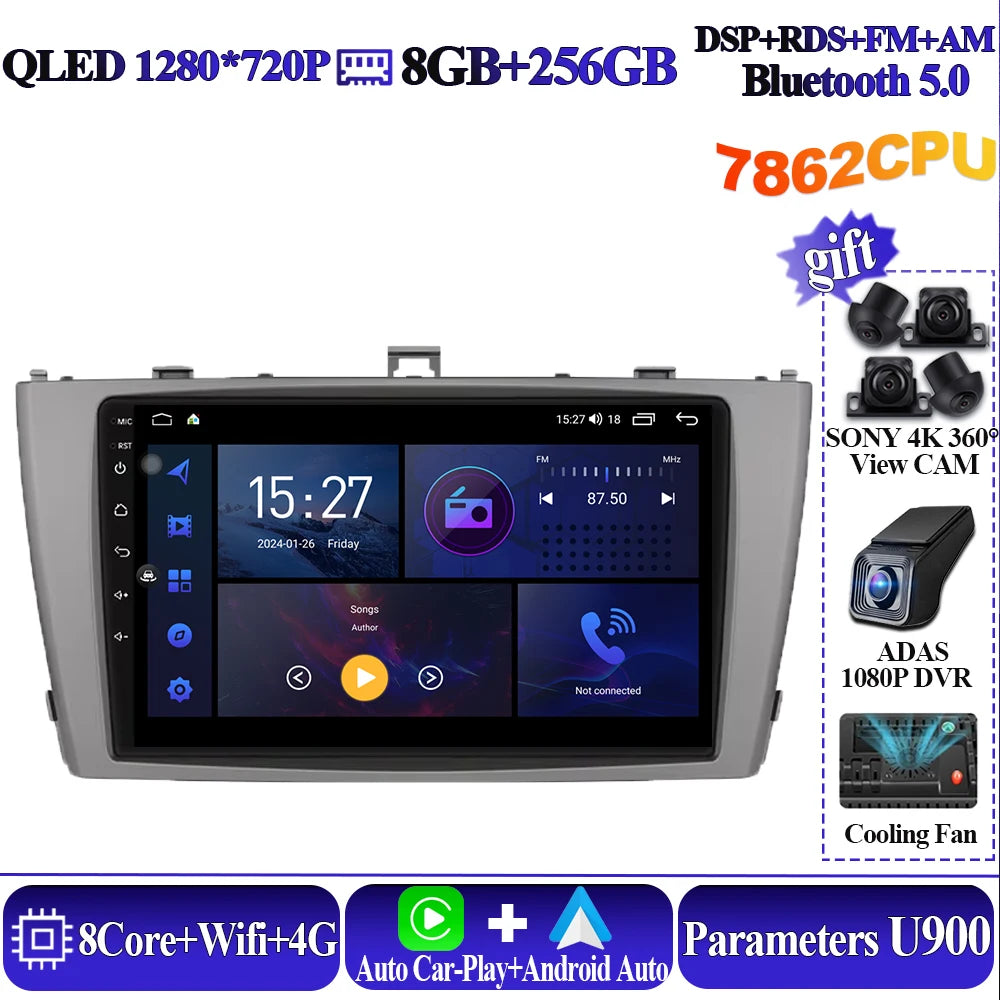 Android 16 8 core Carplay For Toyota Avensis T27 2009-2015 Car Multimedia Player 5G Wifi High-performance 7862 CPU Touch Display