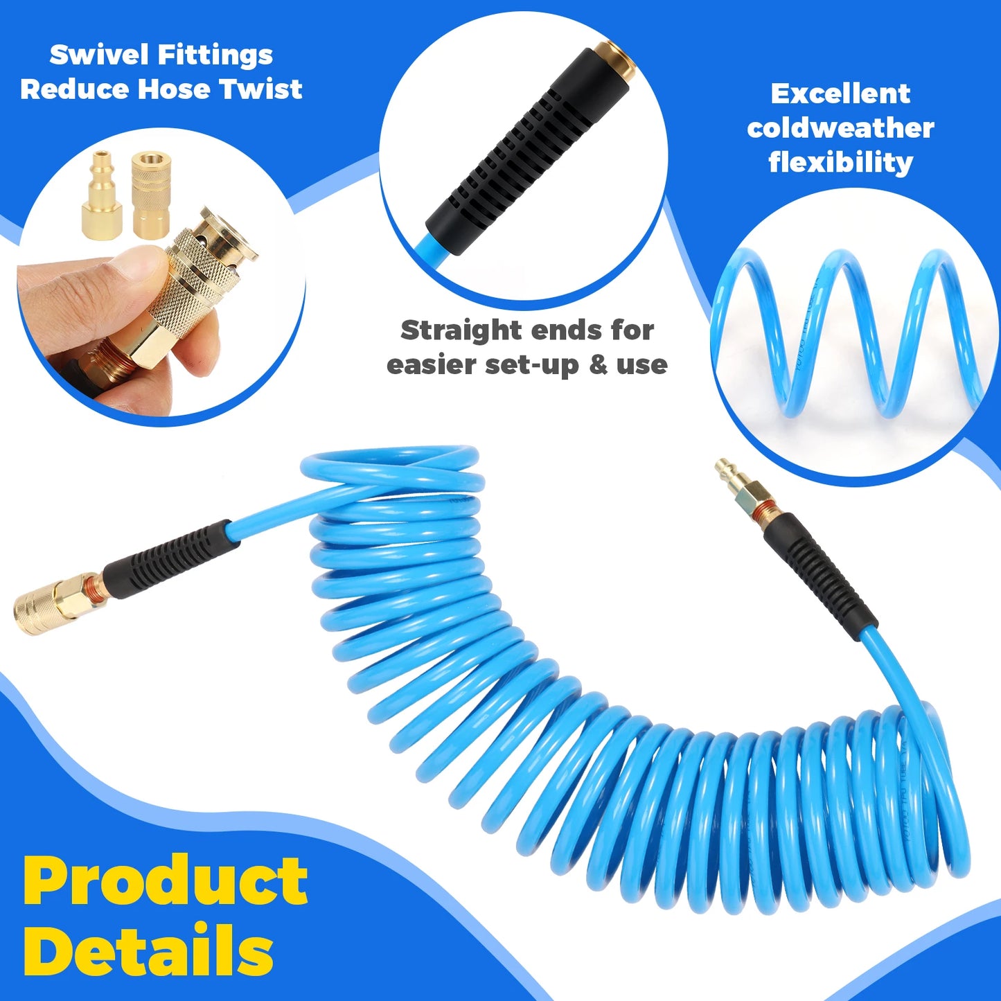 25FT Air Compressor Hoses with Coupler and I/M Plug Sturdy Flexible PU Recoil Air Hose Reliable Anti Kink Tool Accessory 300 PSI