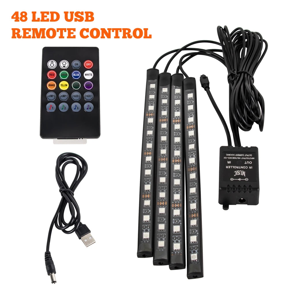 RGB LED Car Interior Ambient Light Strip – 36/48/72 LED Remote & App Music Control | USB or Cigarette Lighter | Atmosphere Foot Light