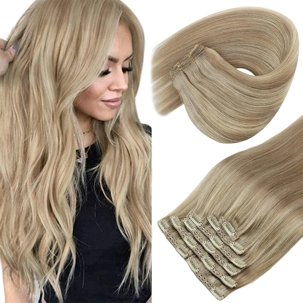 VeSunny Clip in Hair Extension Human Hair Balayage Natural Human Hair Extension Human Hair Clip Extension for Women