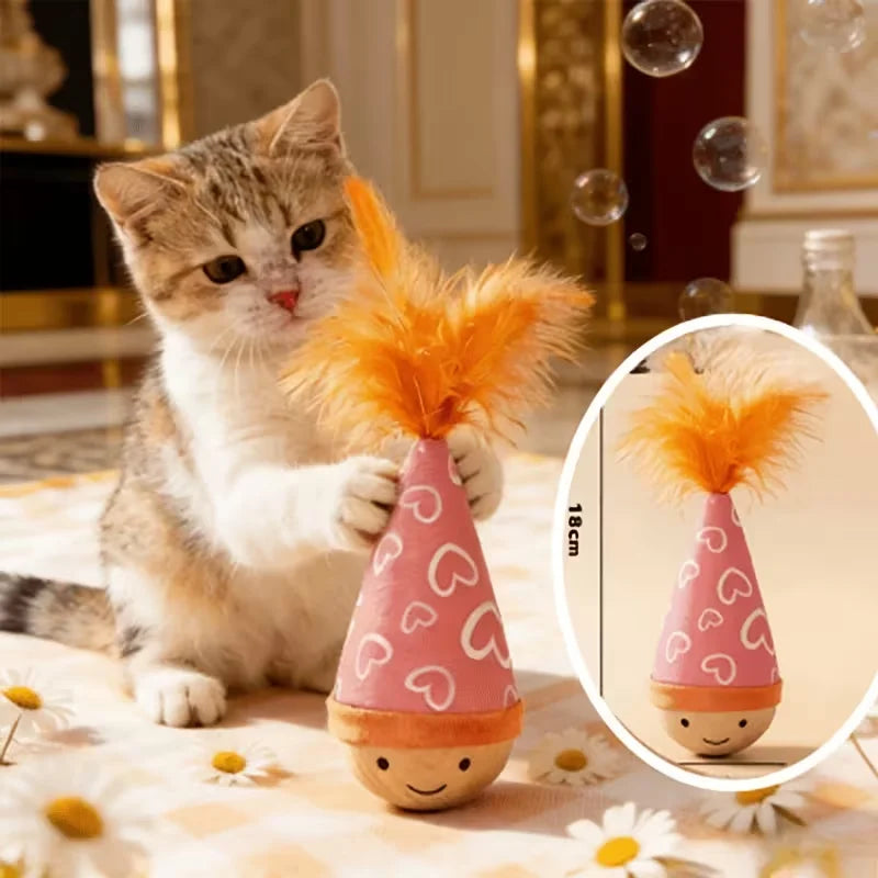 A cartoon-printed cat figurine doll toy. The sturdy wooden base provides a platform for the cat to exercise and play.