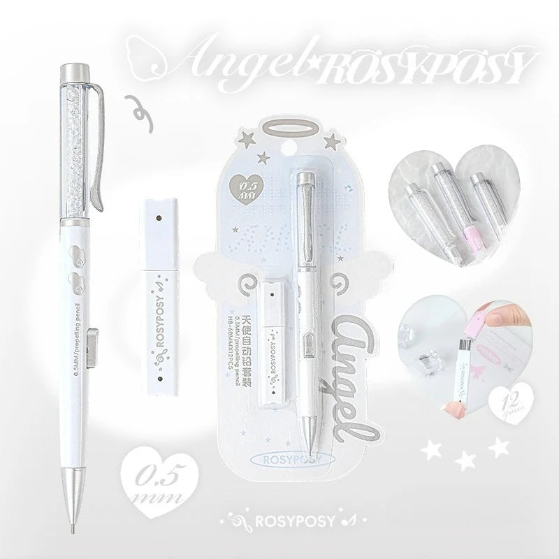 Angel Automatic Pencil Set 0.5HB Glitter Crystal Mechanical Pencil Push Button Cute Student Writing Tools Kawaii School Supplies