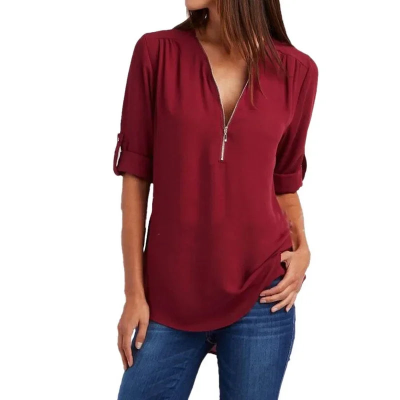 Customizable Women Blouse Zipped Rolled Sleeve Blouse Tailor-made T-Shirts CS6611