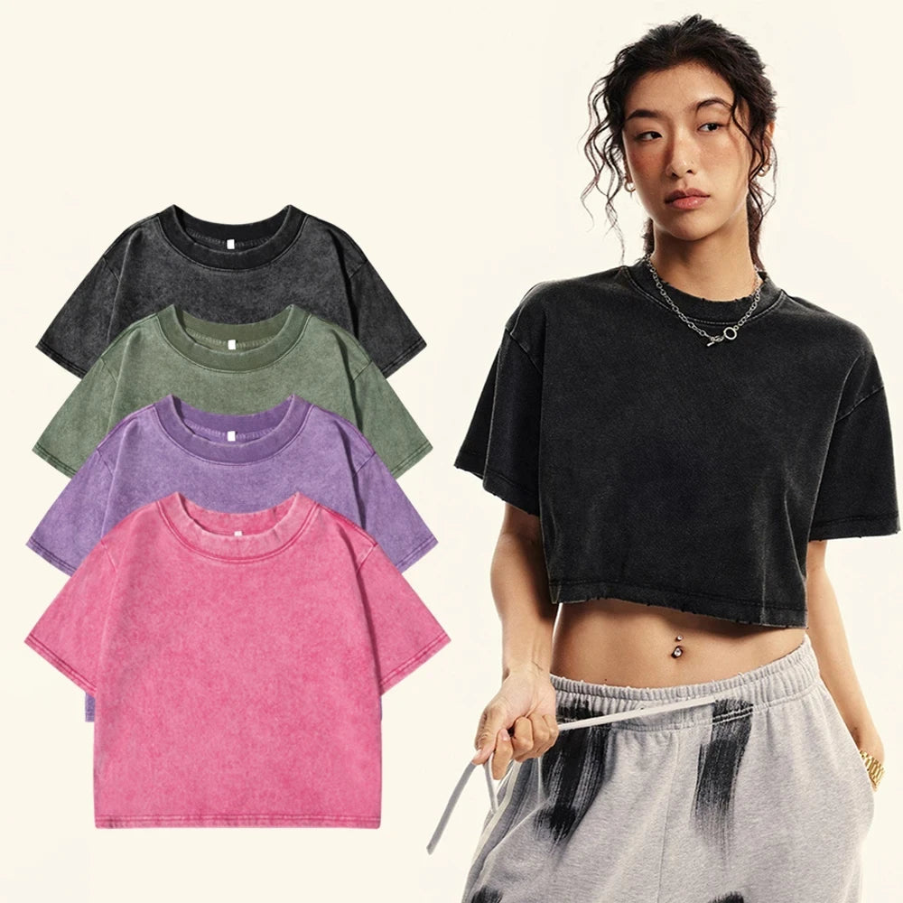 Solid Slim Washed T-Shirt Female Fashion Soft Cotton Streetwear Casual Sport Short Sleeve Cool Retro Crop Clothing For Women