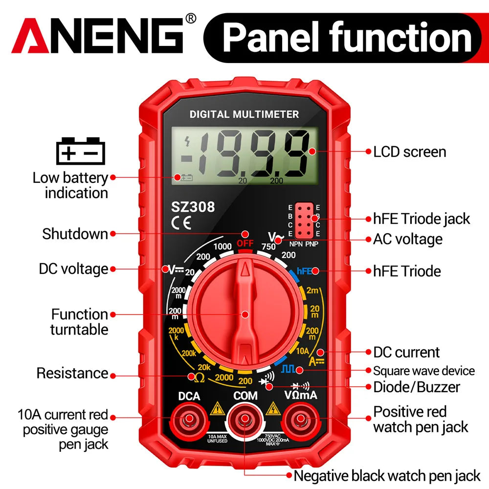 Digital MultimeterAC/DC Current Voltage Resistance Meter Meter Electrician LCD Backlight Ohm Square Wave Test tools ANENG SZ308