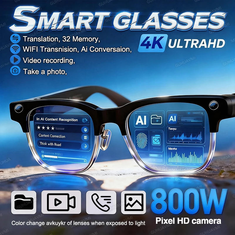 GUHUAVMI W630 AI Smart Glasses – 800MP Dual Camera, 4K Video, BT 5.3, AI ChatGPT, Voice Translation & Blue Light Blocking