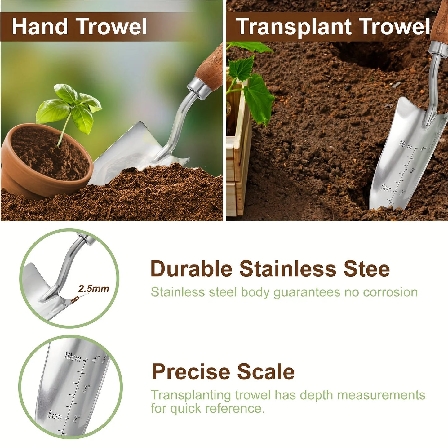 4-Piece Heavy-Duty Garden Tool Set – Stainless Steel Hand Shovel, Trowel & Rake with Wooden Handles