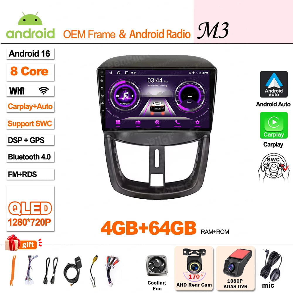 9" Android Car Stereo for Peugeot 207 & 207CC (2006–2015) — Wireless Android Auto, CarPlay, GPS, WiFi