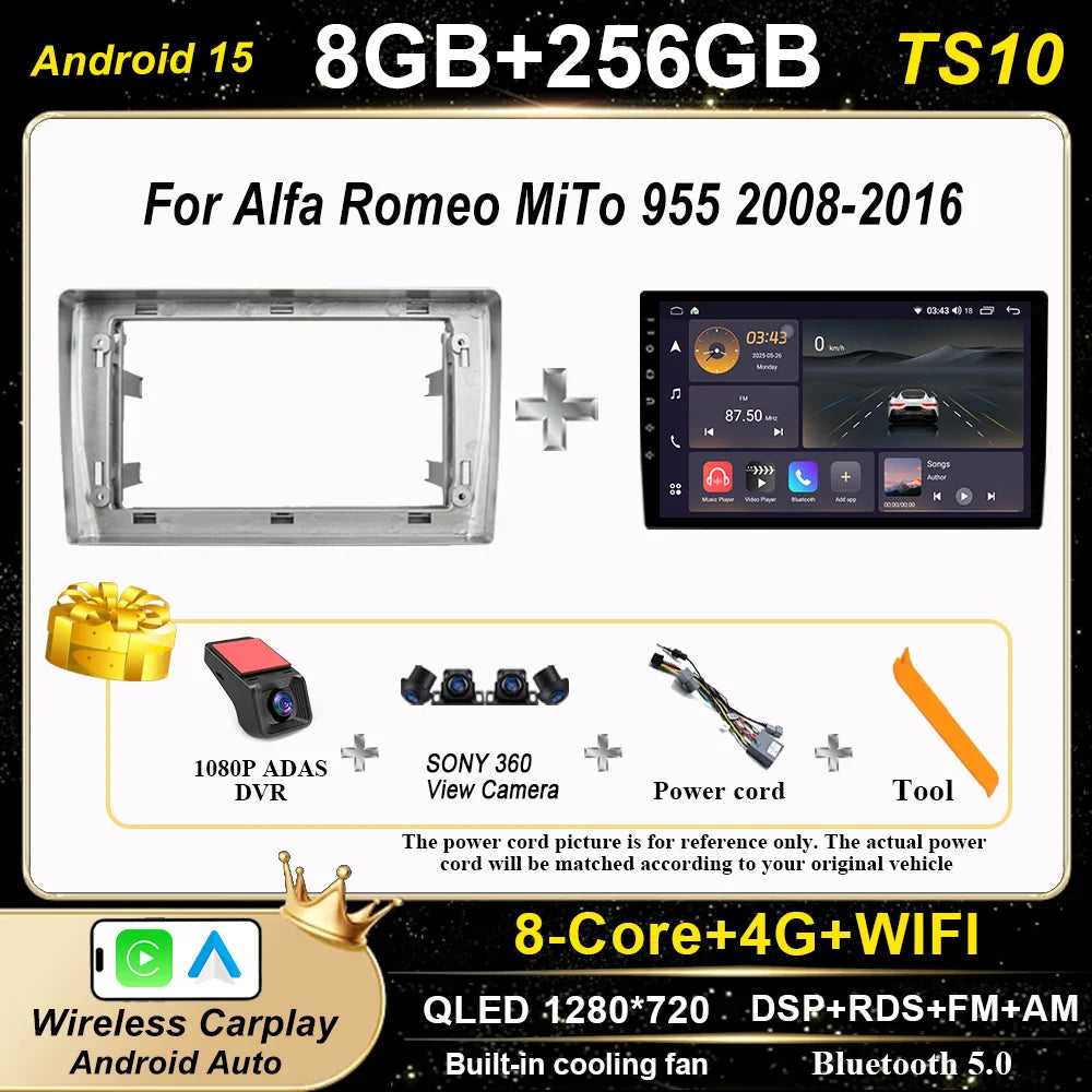 Android 15 Car Radio Stereo For Alfa Romeo MiTo 955 2008-2016 Auto Cireless Carplay GPS Navigation Multimedia Video Player 2Din