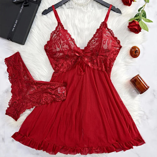 ALLTOOALL Women's Transparent Lace Lingerie Set – Sexy V-Neck Nightdress & Panty | M–3XL (Green, Red, Black)