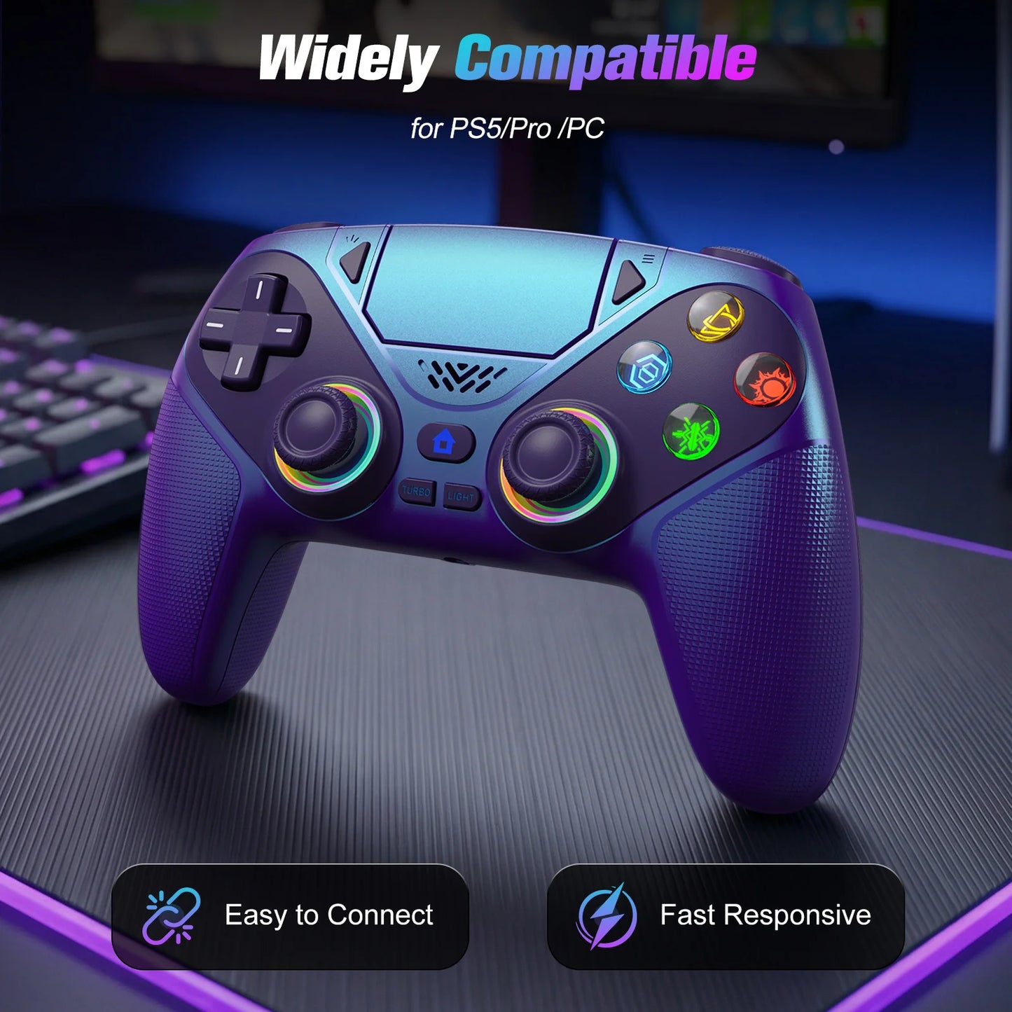 For Playstation 5/PS5/PS4/PC Game Controller,6 Axis Gyro RGB Wireless Gamepads 4-Level Shock Turbo Programmable Gaming Joystick