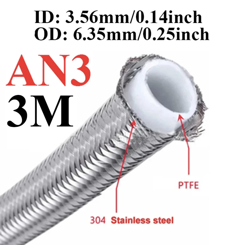 1M/2M/3M/5M AN3 AN4 AN6 AN8 AN10 Racing Hose 304 Stainless Steel Braided PTFE Brake Hose Fuel Oil Line Oil Cooler Hose Pipe