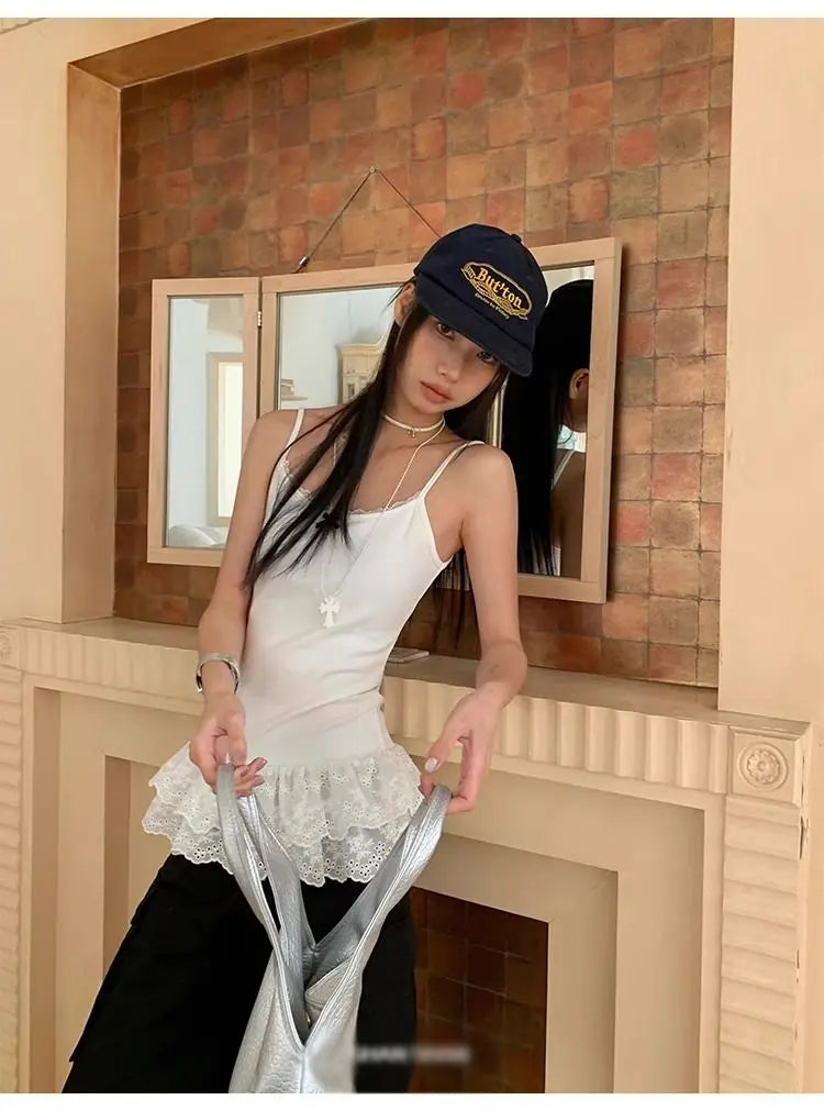 Women Patchwork Lace White Suspender Vest Trim Bottom Hem Layer Skinny Halter Tops Ruffle Edge Skin-friendly Breathable Vest