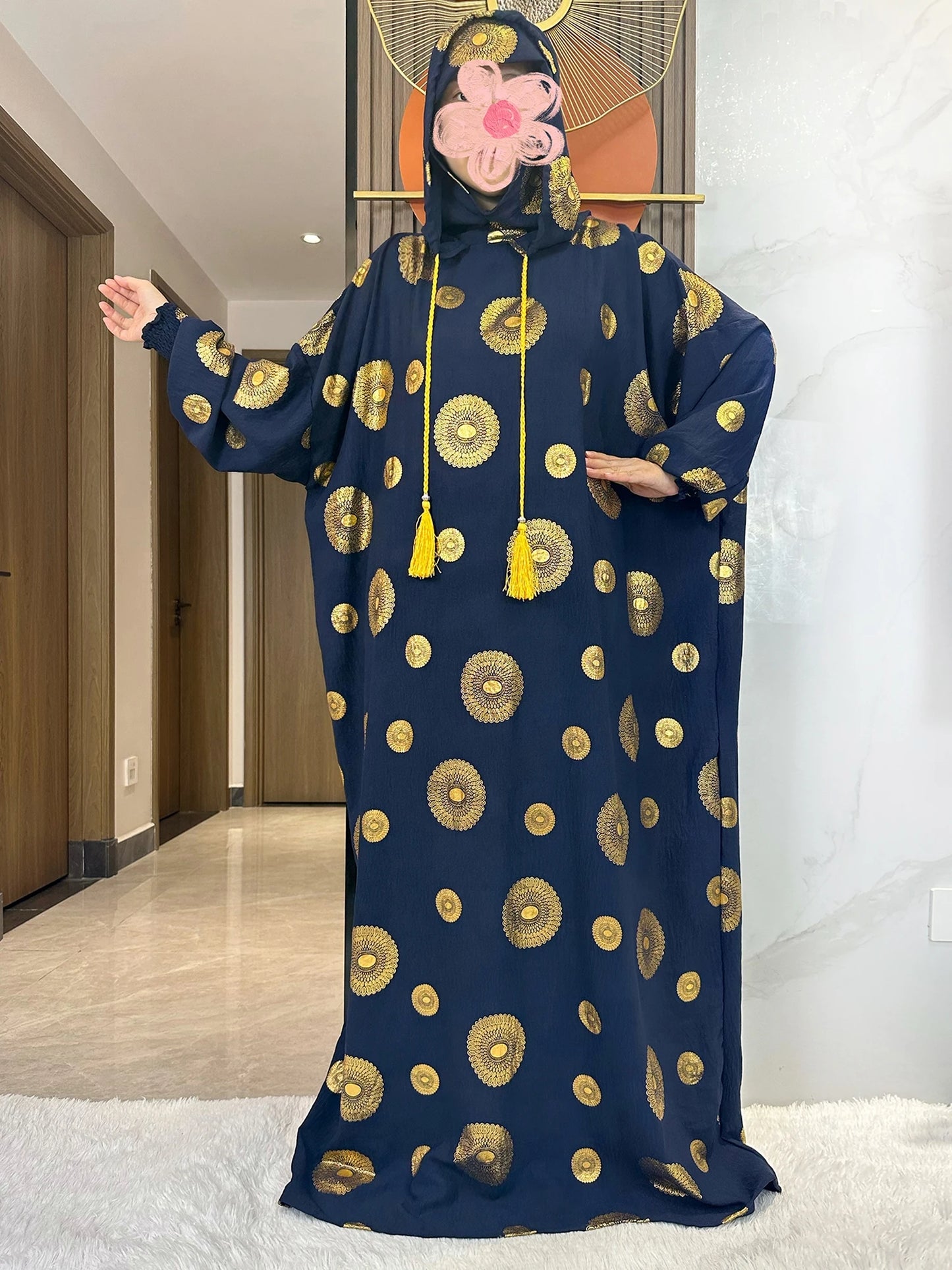 Women's Cotton Embroidered Abaya Kaftan – Gold Dust Shimmer, Loose Fit, All-Season Muslim Dress
