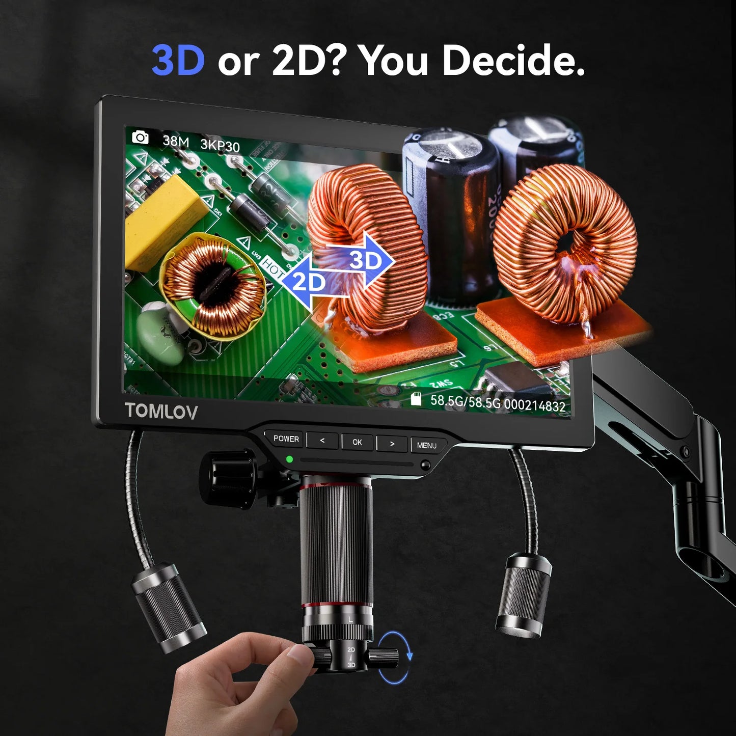 TOMLOV TM3K-3D Max Digital Microscope – 3K 10" Screen, Magnetic Dual Lens, 360° 3D View | PCB & Coin Repair