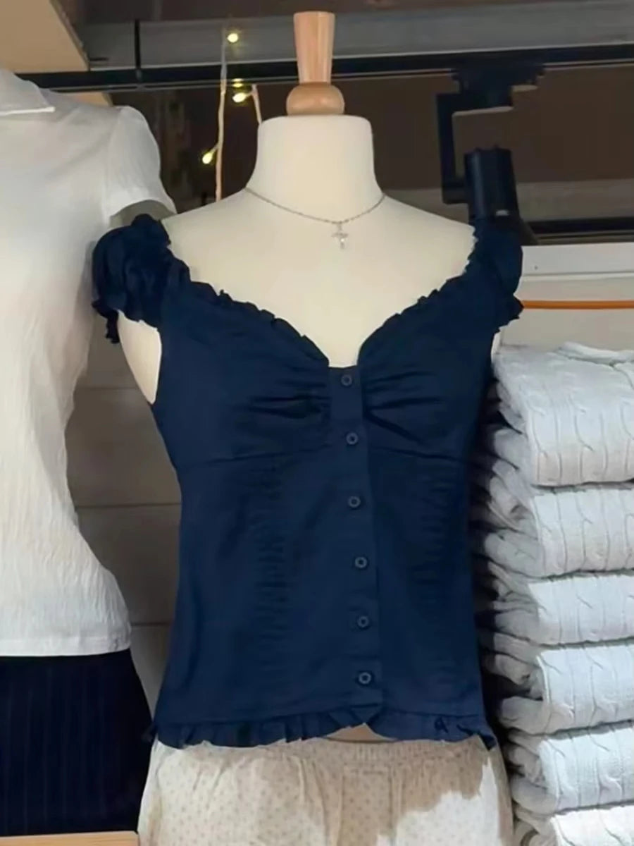 Blue Plaid Fungus T-shirt Women V Neck Single Breasted Puff Sleeve Slim Folds Tee Shirts Summer New Sweet Chic Casual Crop Tops