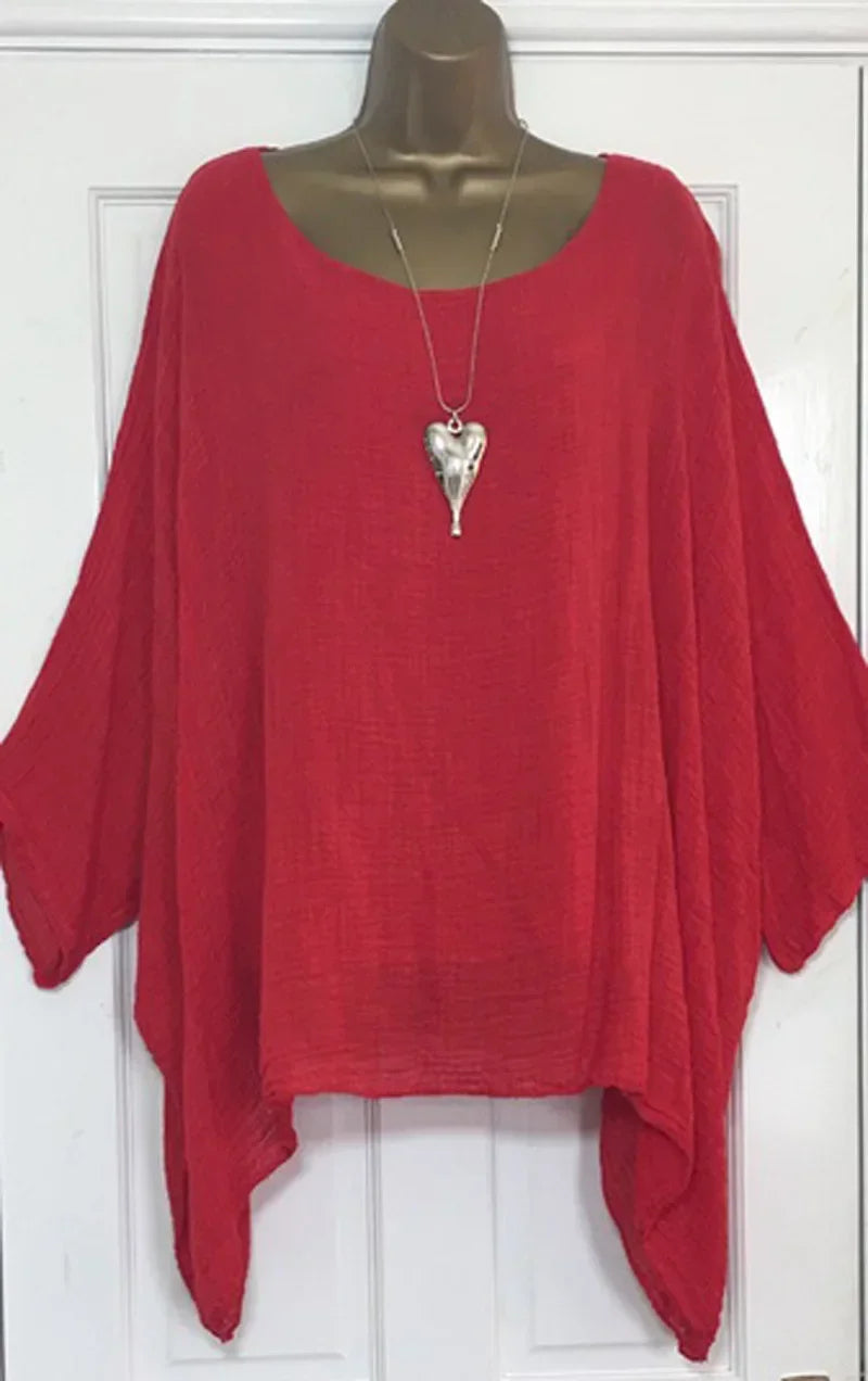 Women's Plus-Size Linen T-Shirt — Loose Batwing Long-Sleeve Top (to 5XL)