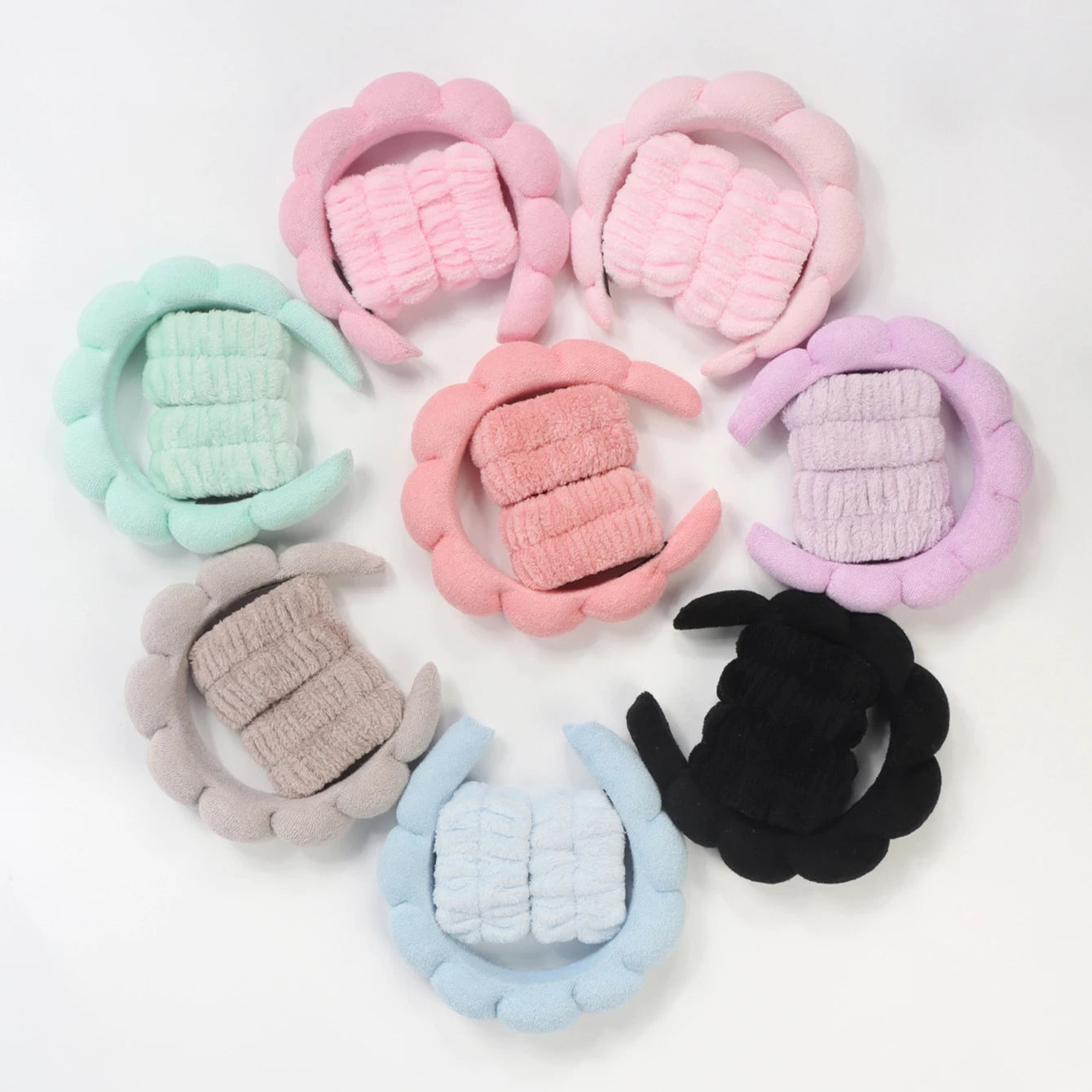 Spa Bubble Headband for Washing Face – Microfiber Puffy Scrunchie Wristband for Skincare & Makeup Routine