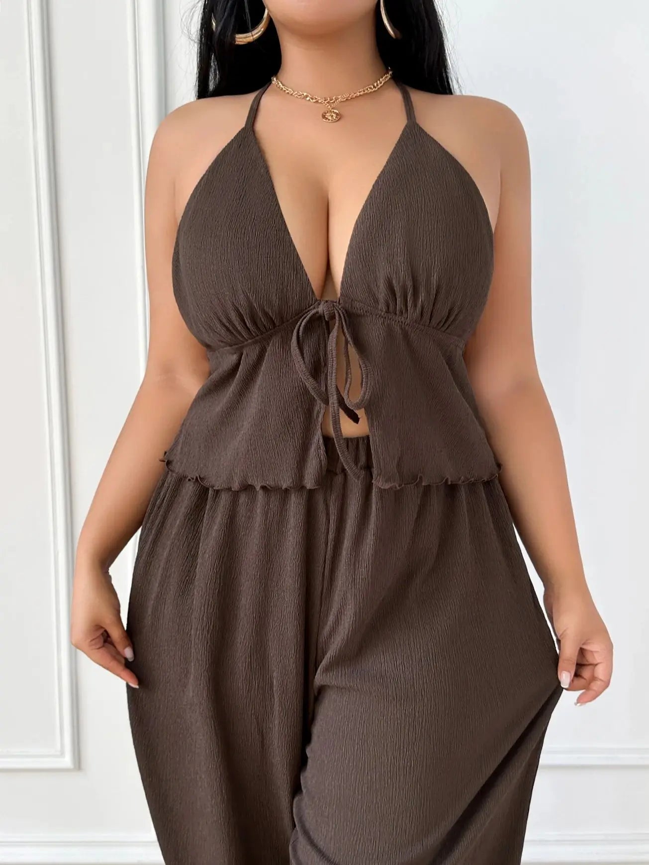 Women's solid color neck tie sexy backless sleeveless vest slim fit set