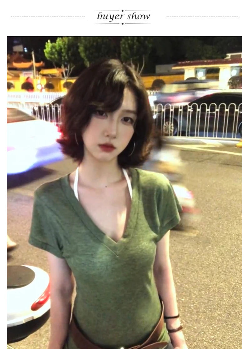 Karrram Japanese Y2k Green Knitted T-shirt Trashy 2000s Style V-neck Top Vintage Harajuku Short Sleeve Tee Shirt American Retro