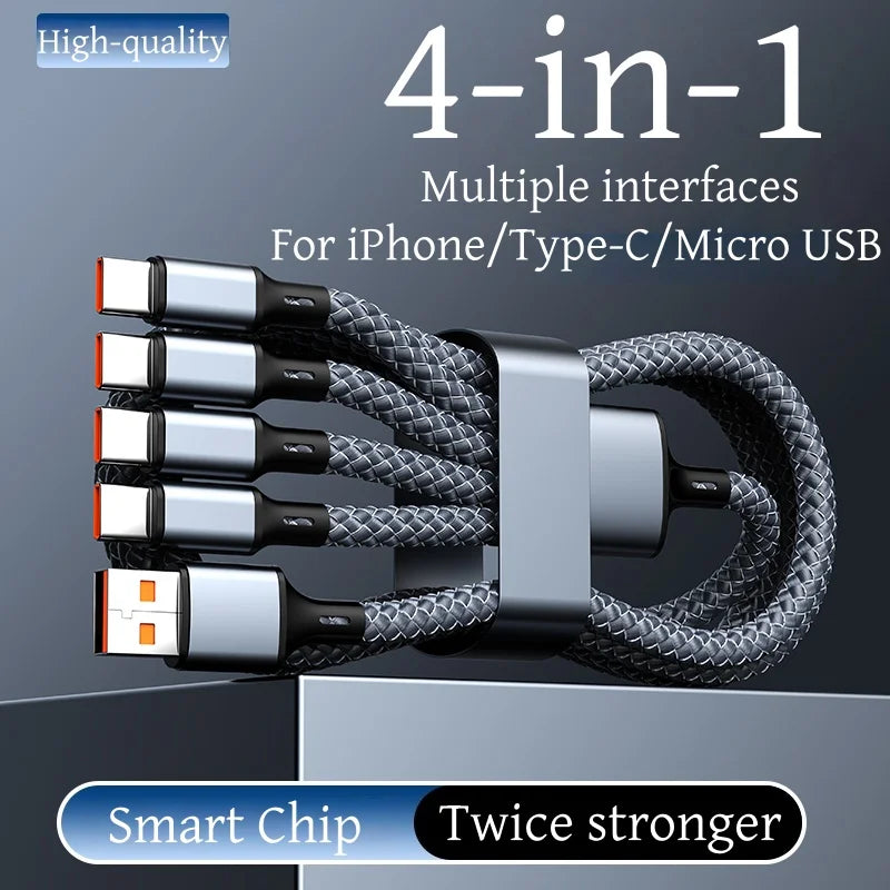 4-in-1 Multifunctional Charging Cable Supports USB-A to USB-C, Micro USB, and Braided Cables for Charging Multiple Devices