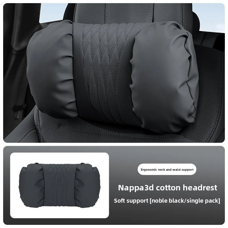 Nappa Leather Car Headrest & Lumbar Support Cushion – Soft Neck Pillow & Waist Pillow Set