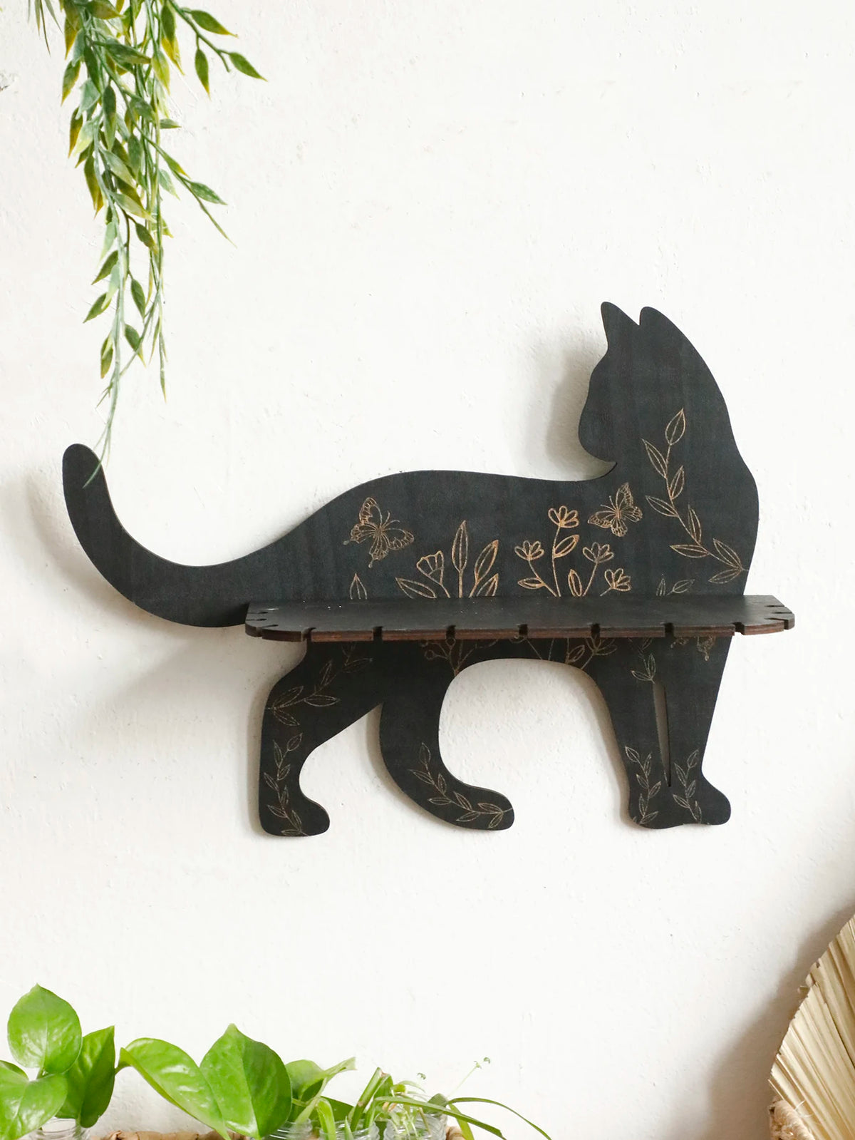 Black Cat Floating Wall Shelf - Flower Pattern Display – photo 3