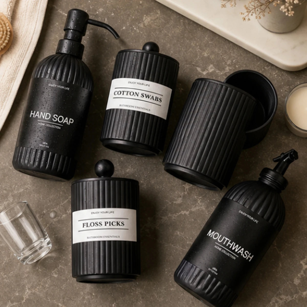 Bathroom Vanity Accessories Set, Reusable Soap Bottle, Storage Jar, Toothpaste Cup and Mouthwash Dispenser for Housewarming Gift