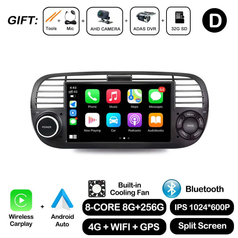 7" Car Stereo with Apple CarPlay & Android Auto, Compatible with Fiat 500 (2007-2015)