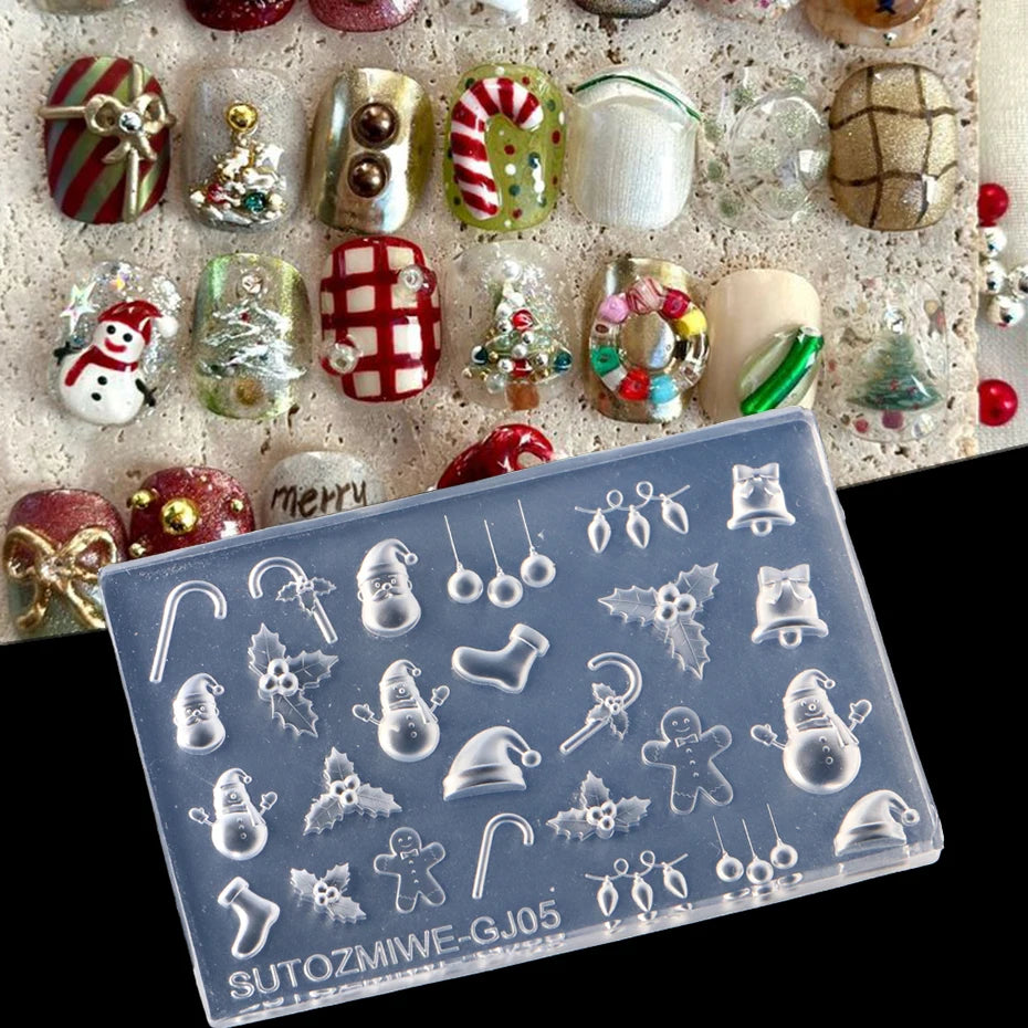 3D Christmas Nail Art Silicone Mold - Christmas tree, Snowflakes, Canes & Ornaments Nail Mold for Festive Nail Decorations DIY
