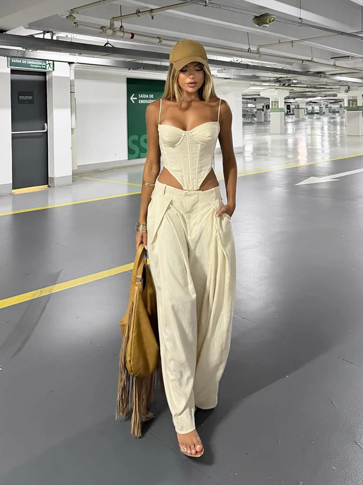 Boho Side-Cutout Cami & Wide-Leg Pants Set for Women