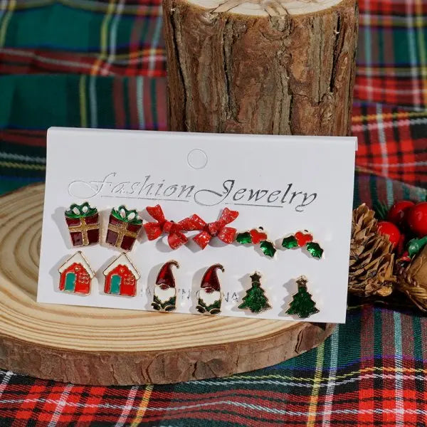 12/20 Pair Christmas Earring Set For Women Shiny Crystal Zircon Snowflake Elk Bowknot Elk Xmas Tree Earring Girl New Year Gifts