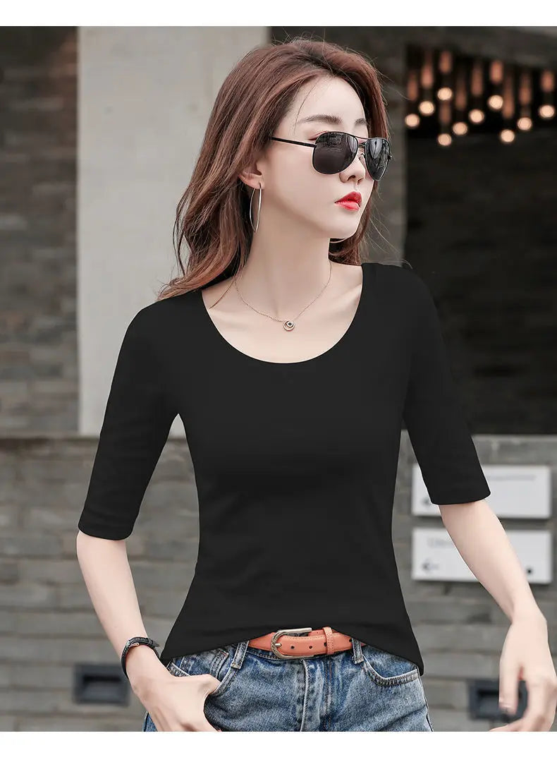 MRMT Women's White Mid-Sleeve Bottoming T-Shirt – Half Sleeve Tight O-Neck Top 2026