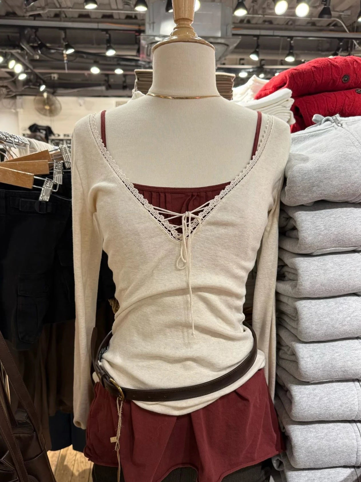 Bandage Lace Trim Long Sleeve T-shirt Autumn Sexy V-neck Cotton Slim Tshirt Top Female Casual Simple Solid Elegant Woman's Tees