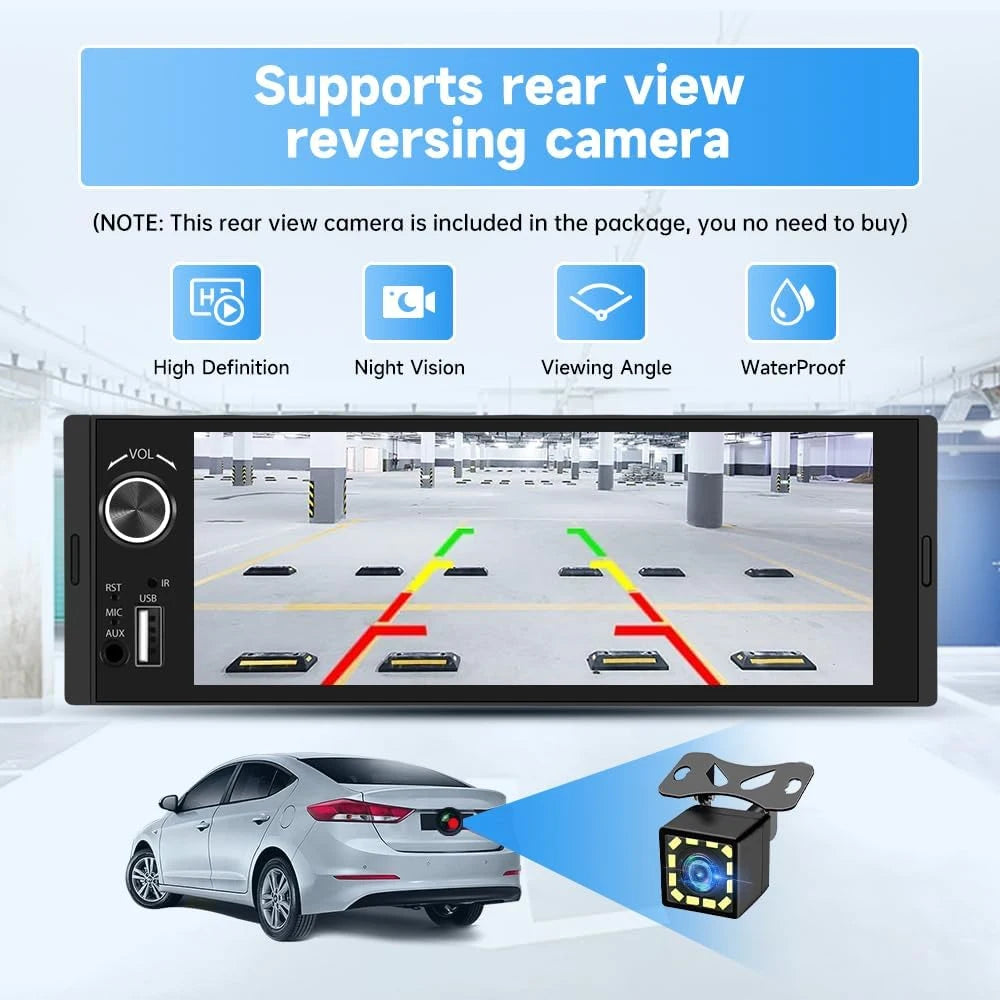 6.86" 1-DIN Universal Car Stereo — Wireless CarPlay, Android Auto, Bluetooth, USB/AUX