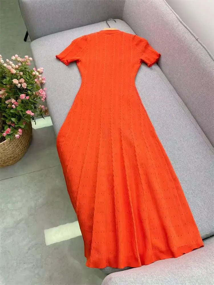 Orange Single-breasted Knitted Long Dress Women 2025 Spring Summer New Fashion O-Neck Elegant Slim Short-sleeved Dresses