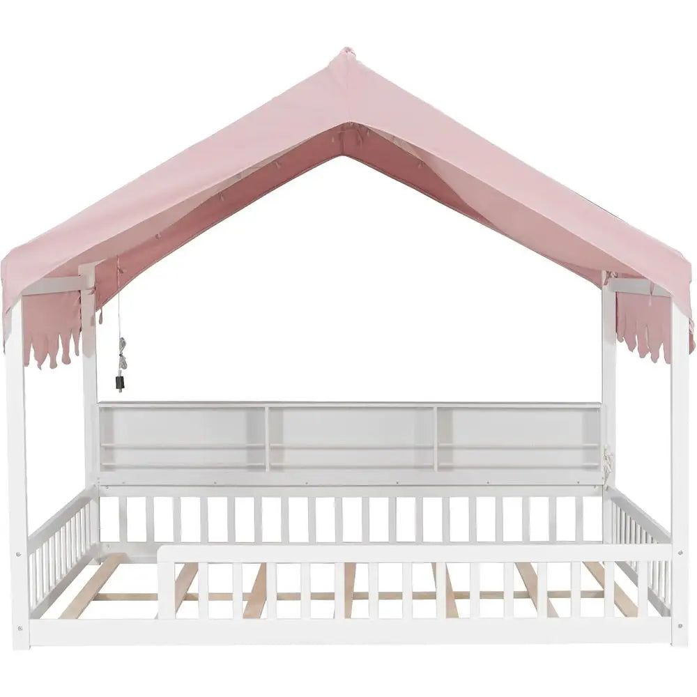 Full Size Wooden Loft Bed for Kids with Stairs, Storage Shelves, Curtain, and LED Lights, White & Pink