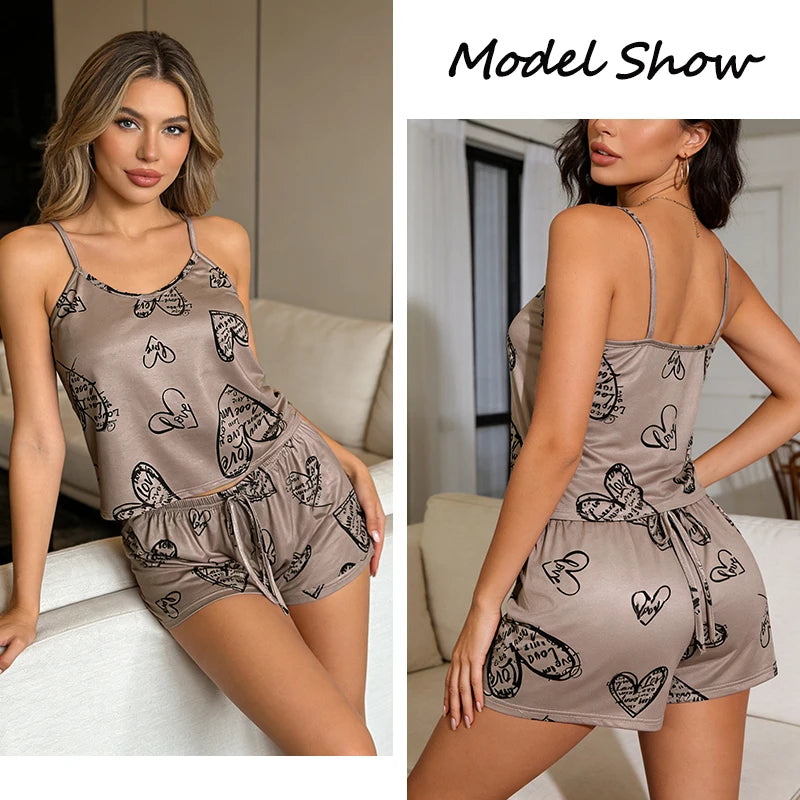 Women Casual Pajama Ladies Sexy Sleepwear Print Round Neck Ice Silk Top T-Shirt and Shorts Sets Breathable Comfortable Home Wear