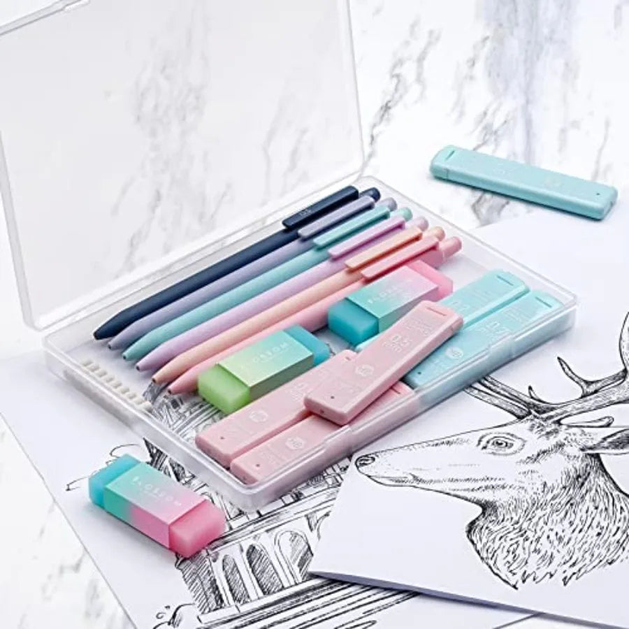 Cute Mechanical Pencil Set, 6PCS Pastel Mechanical Pencils 0.5 and 0.7mm with 360PCS HB Leads, 3PCS Erasers and 9PCS Eraser Ref