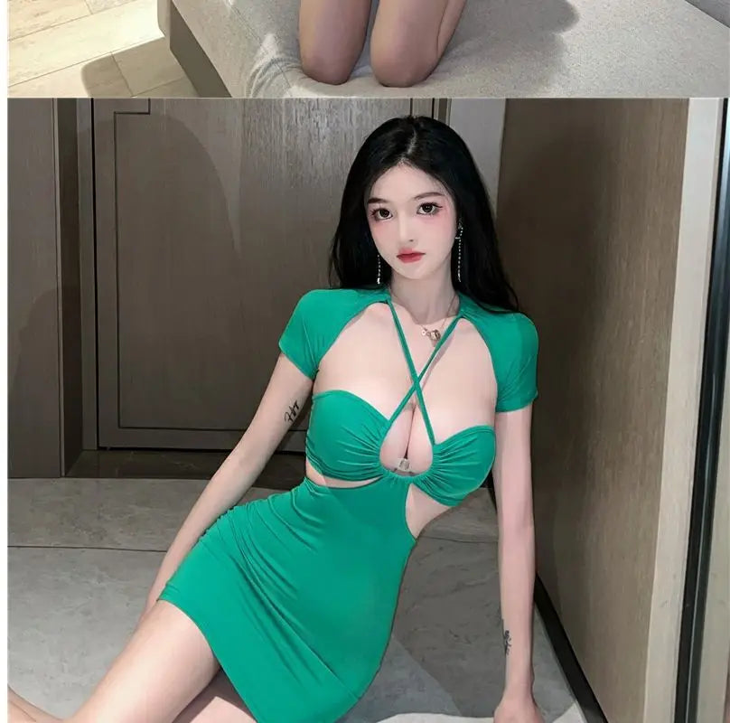 Women's Hollow Back Halter Neck Bodycon Mini Dress – Sexy Slim Wrap Hip Skirt | S–L (Green, Black, White)