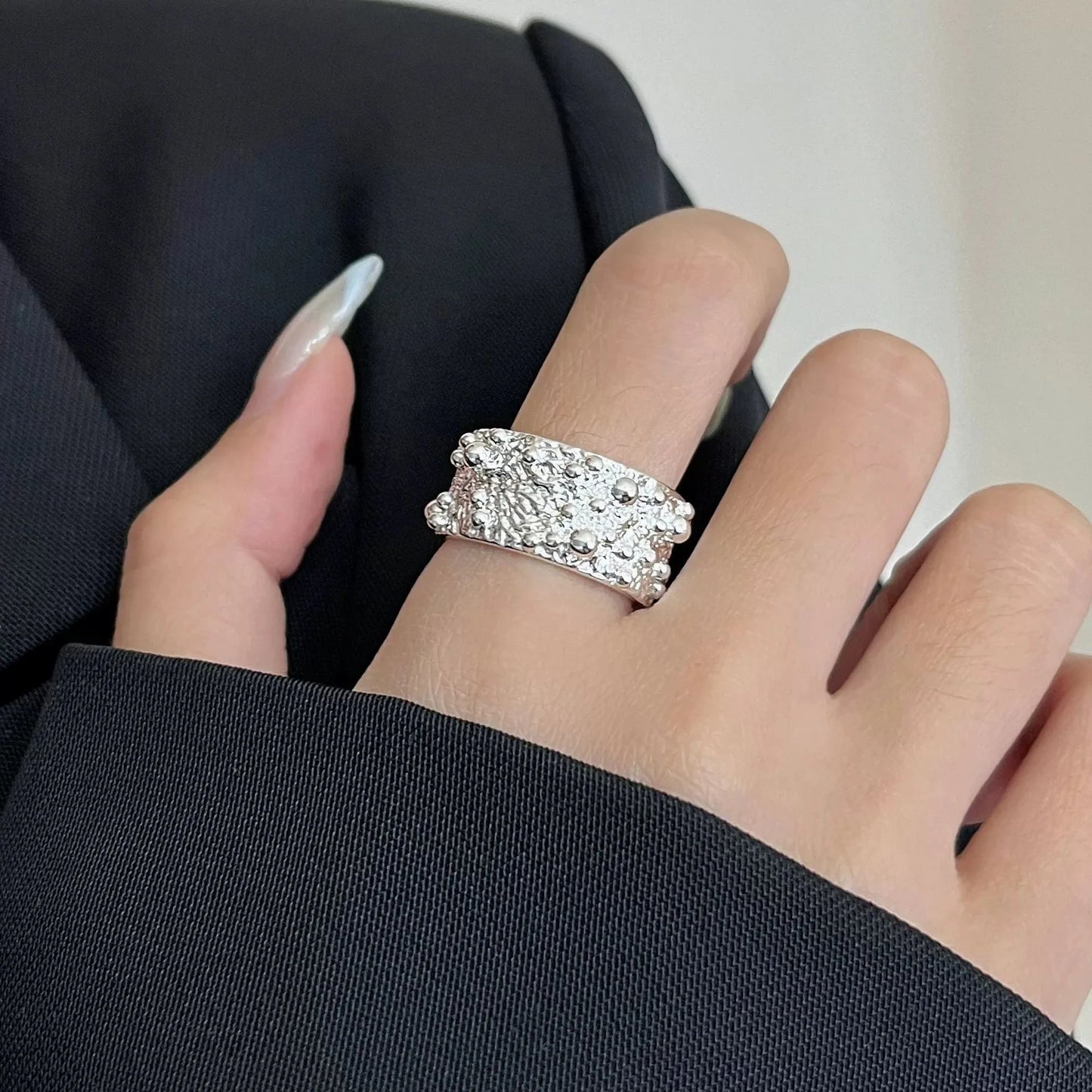 PANJBJ 925 Sterling Silver Hollow Out Rings For Women Three Layered Cross Punk Irregular Vintage Jewelry Gift Dropshipping
