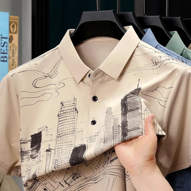 Men's Sketch-Print Polo Shirt - Soft Stretch Lapel, Loose Fit